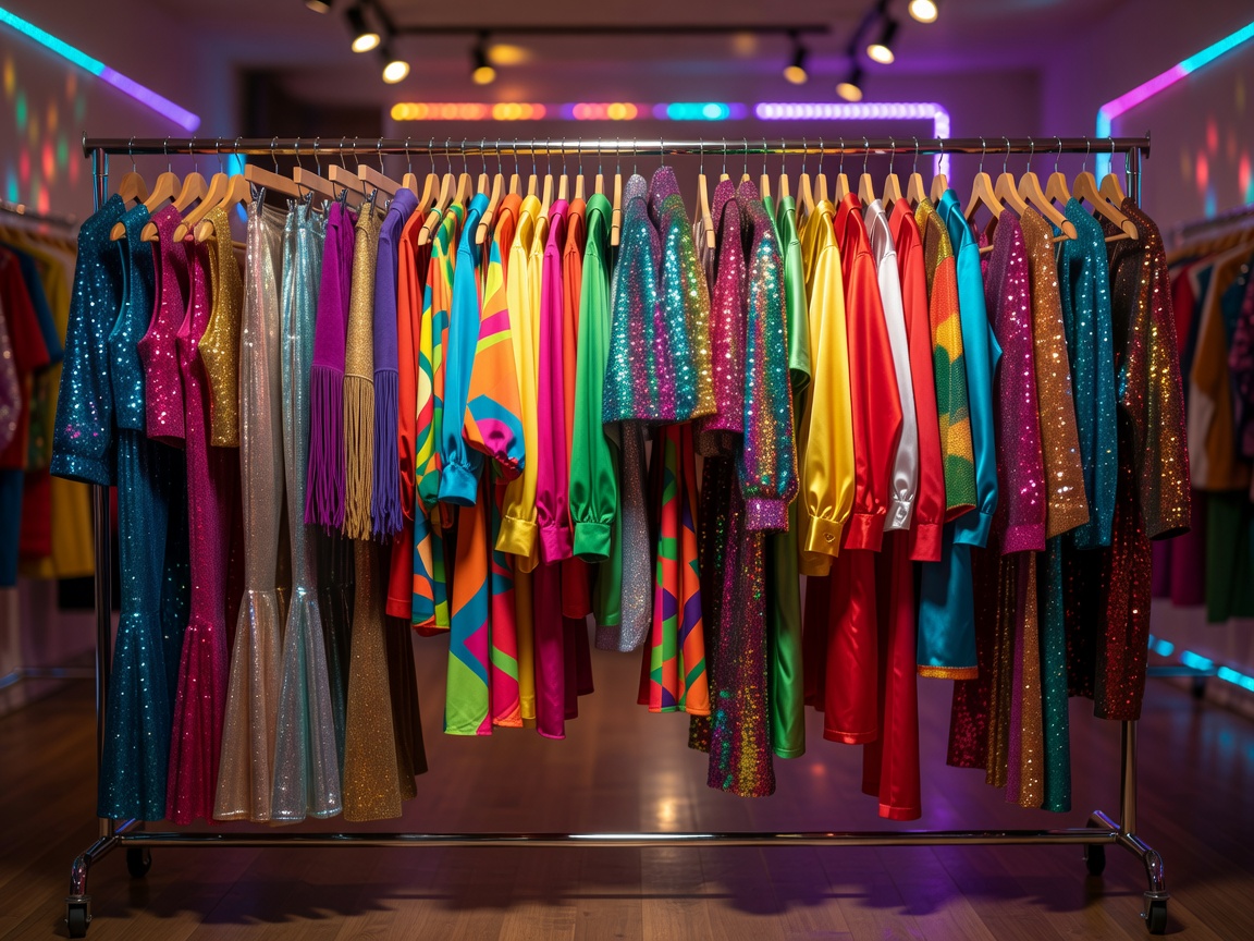 A varied clothing rack offering colorful pieces for a personal dance-night outfit