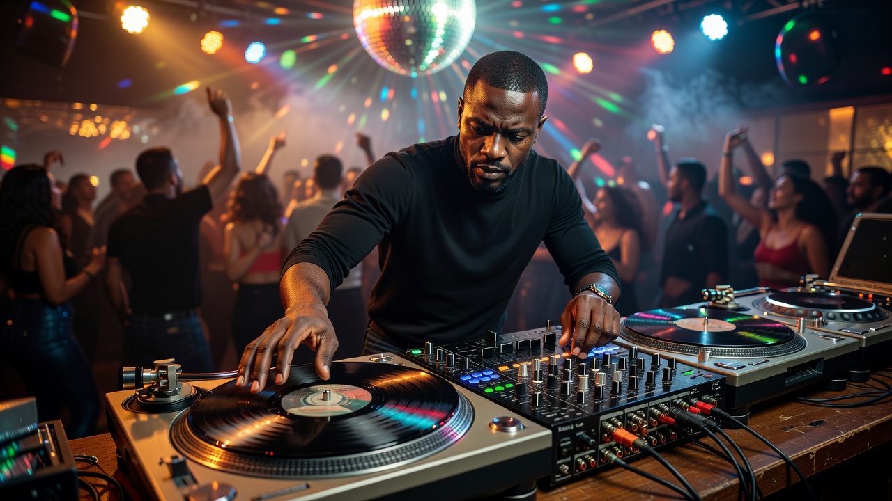 A DJ working with a turntable and mixer during a music set