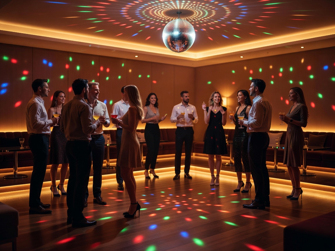 A warmly lit party room with people gathering near the dance floor
